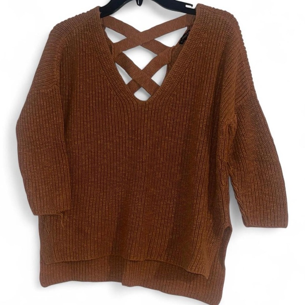 Express Women's Tan V-Neck Sweater with Crisscross Back